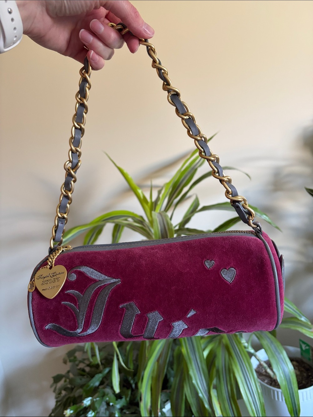 Vintage Juicy Couture Plush Velour Burgundy Barrel Bag with Chain Strap